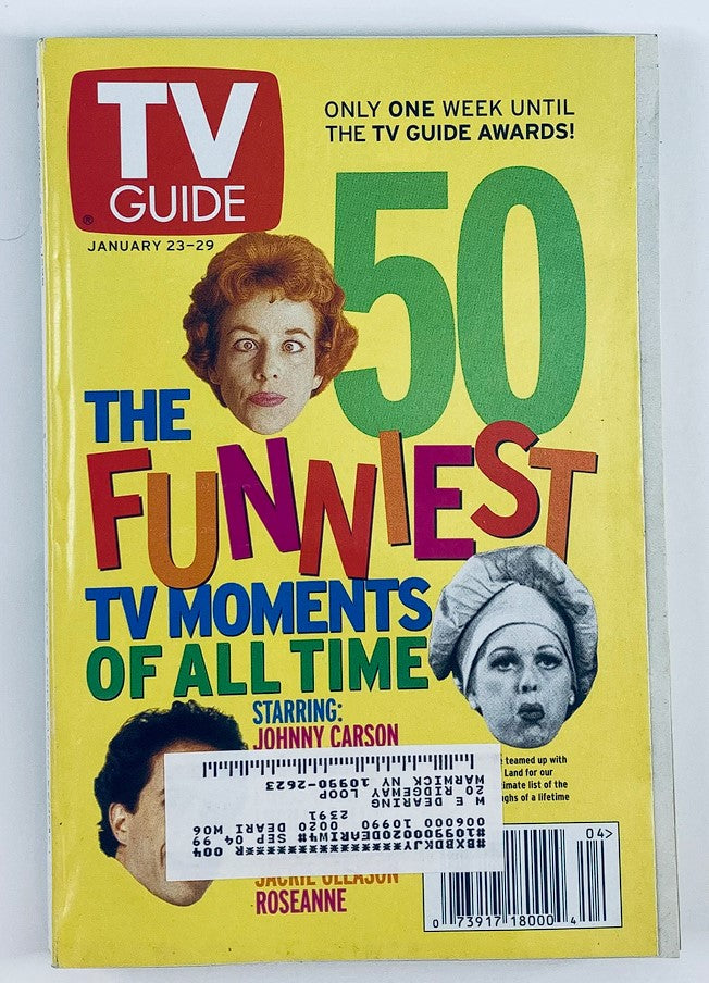 TV Guide Magazine January 23 1999 cover featuring a colorful design with the text '50 Funniest TV Moments of All Time' and images of classic television personalities, highlighting Lucille Ball and Carol Burnett.