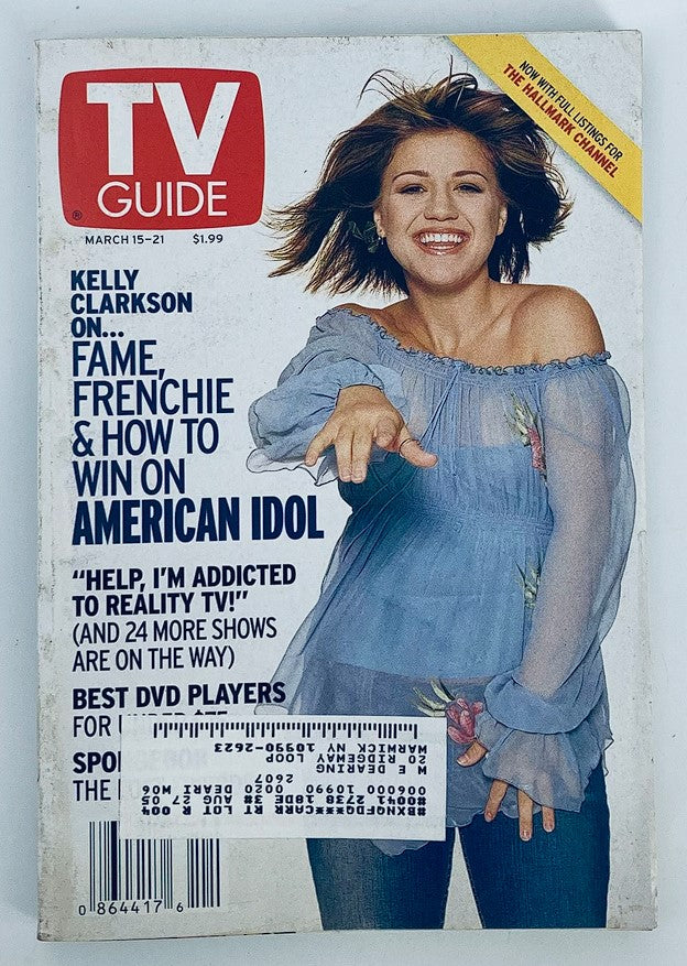 TV Guide Magazine cover for March 15, 2003, featuring Kelly Clarkson, the winner of American Idol, showcasing her vibrant smile and stylish outfit.