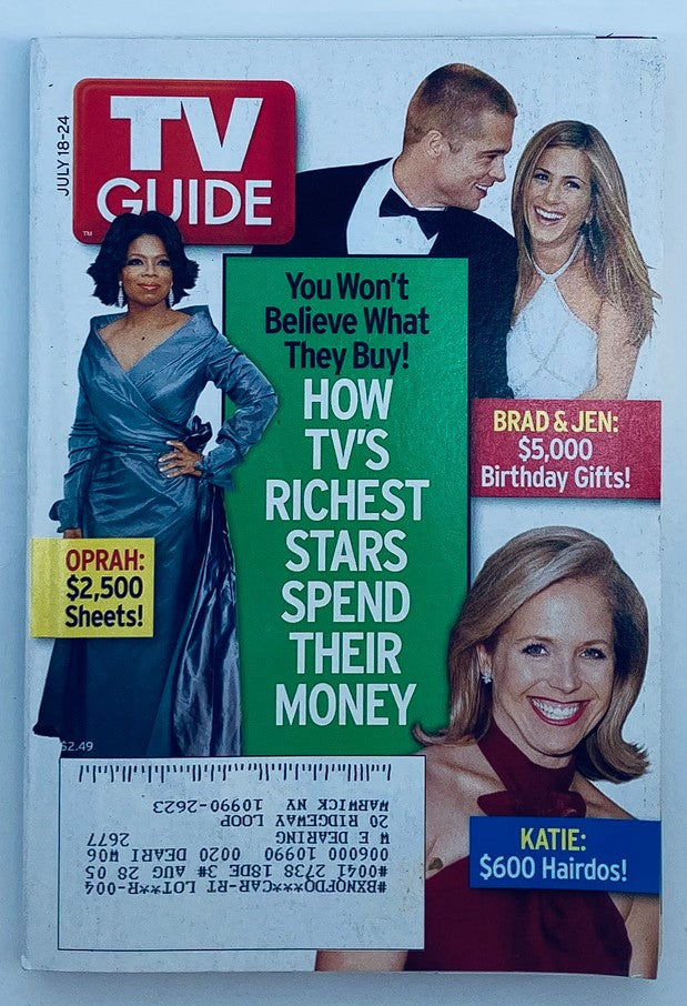 TV Guide Magazine July 18 2004 featuring Jennifer Aniston and Brad Pitt on the cover, highlighting their status as Hollywood's richest stars and showcasing entertainment history.