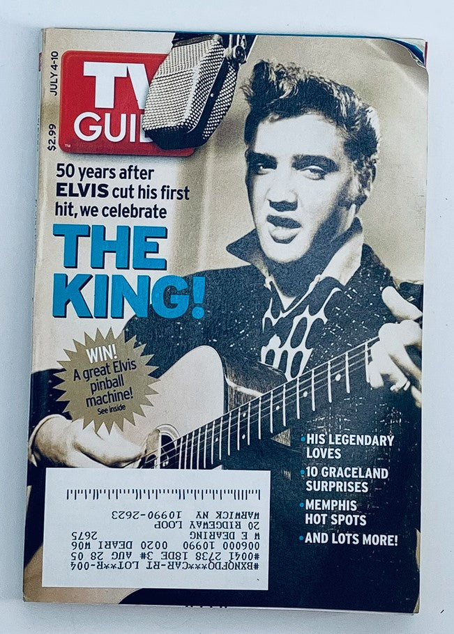 TV Guide Magazine cover from July 4, 2004, featuring Elvis Presley titled 'The King'. This special edition highlights Elvis's cultural significance in music and entertainment, showcasing his legacy with a striking image of him playing guitar.
