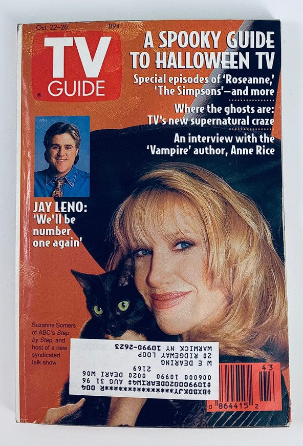 TV Guide Magazine cover from October 22, 1994 featuring Jay Leno and Suzanne Somers, alongside a black cat. The cover highlights 'A Spooky Guide to Halloween TV' and features additional articles on popular shows like 'Roseanne' and 'The Simpsons.' This vintage magazine is a collectible piece of '90s television history.