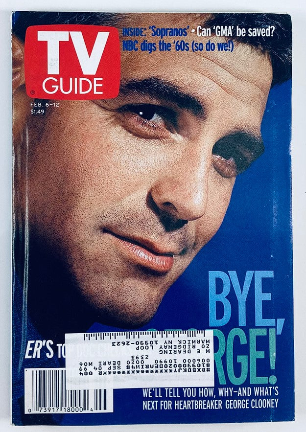 TV Guide Magazine February 6 1999 featuring George Clooney on the cover with the title 'Bye, George!' showcasing a vintage television theme.
