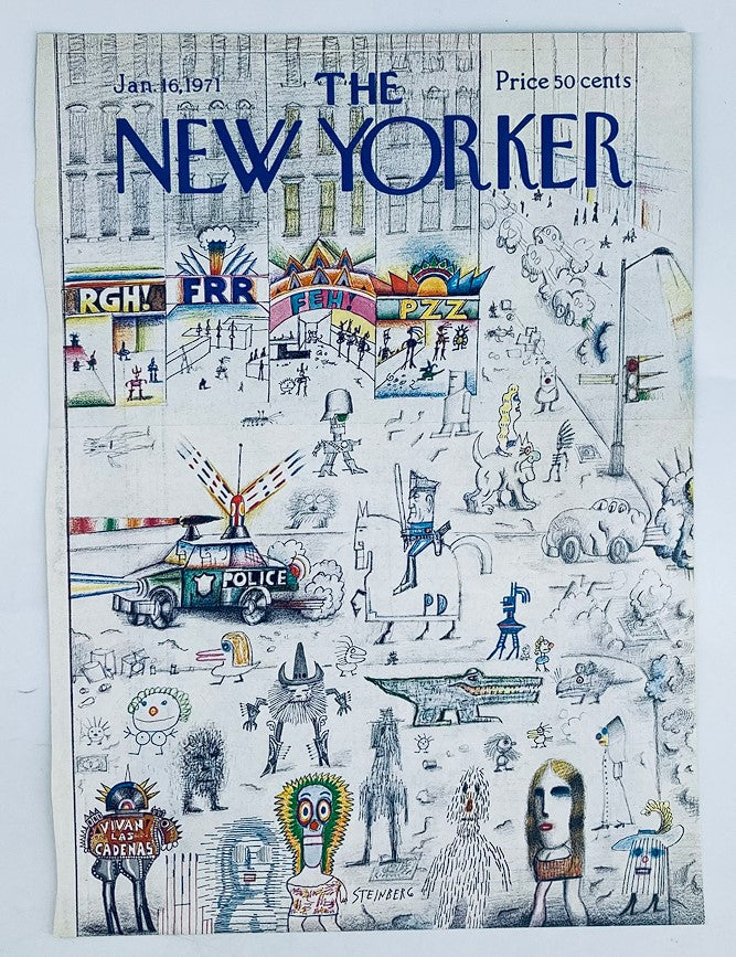 Cover art from The New Yorker, January 16, 1971, titled 'Vivan Las Cadenas' by Saul Steinberg, showcasing a detailed, humorous city scene filled with colorful figures and artistically rendered settings.