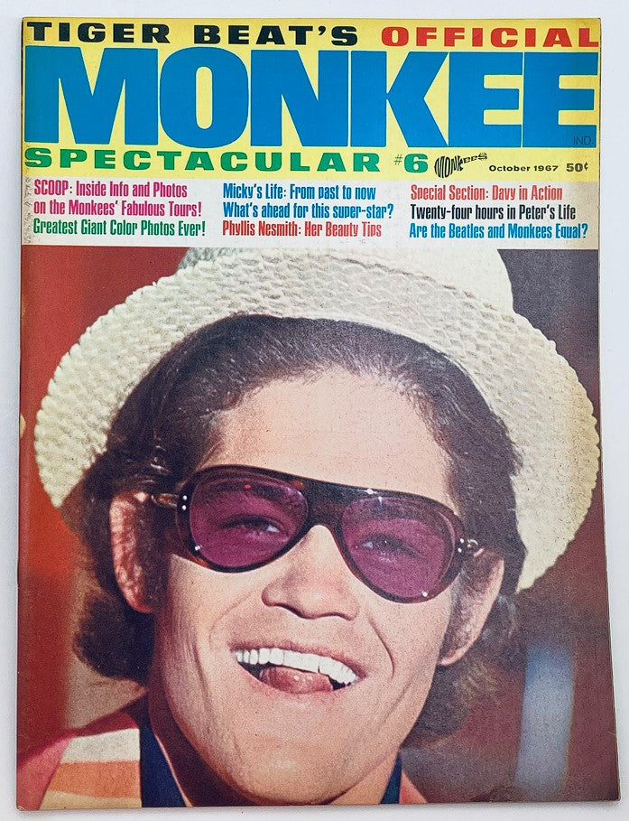 Vintage October 1967 Tiger Beat Magazine featuring The Monkees Spectacular #6 with a prominent cover image, showcasing pop culture of the 1960s and highlighting the band members with colorful text and playful layout.