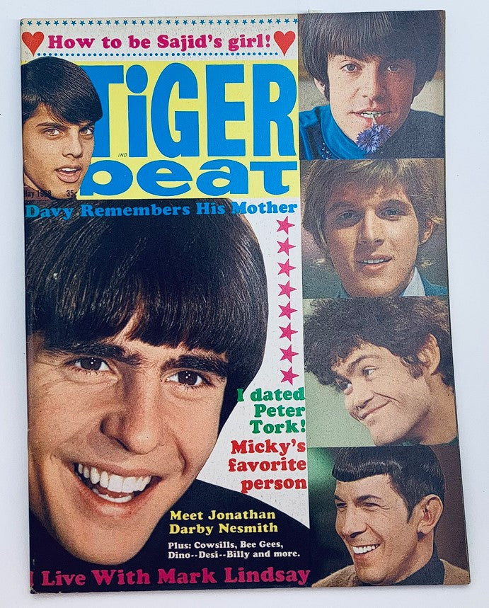 VTG Tiger Beat Magazine May 1968 cover featuring Davy Jones and Jonathan Darby Nesmith with vibrant colors and nostalgic elements of 1960s pop culture.