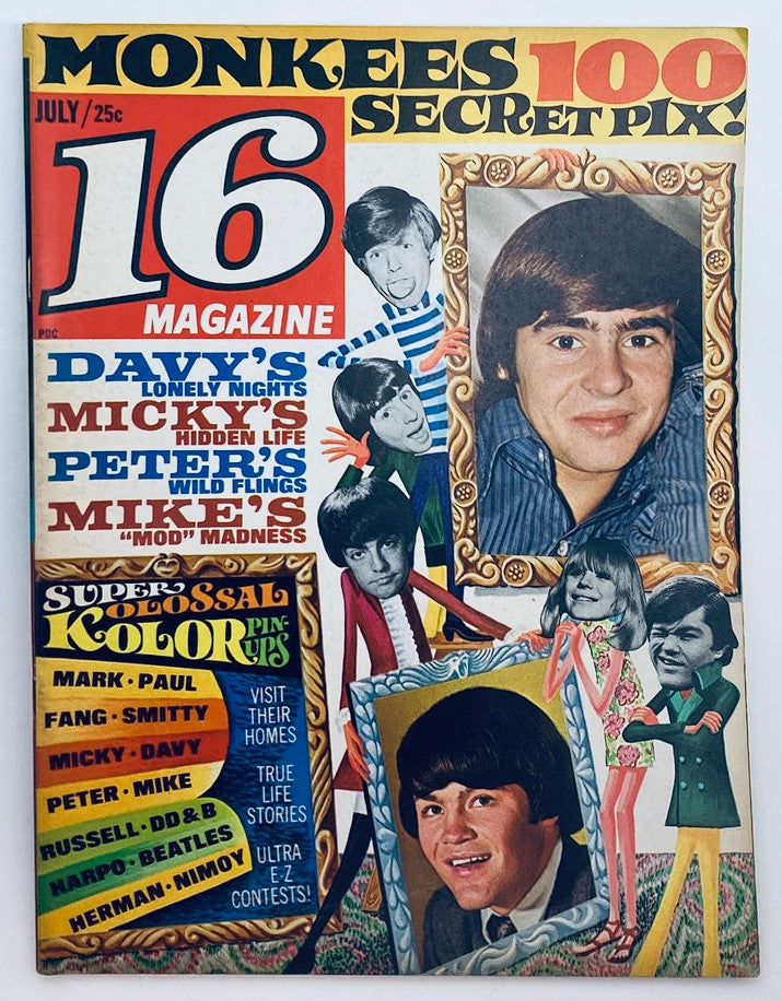 Cover of VTG 16 Magazine July 1967 featuring Davy Jones, Micky Dolenz, Peter Noone, and Mike Nesmith. This vibrant magazine highlights the 'Monkees' secret pix, plus engaging stories about 1960s pop culture and music.