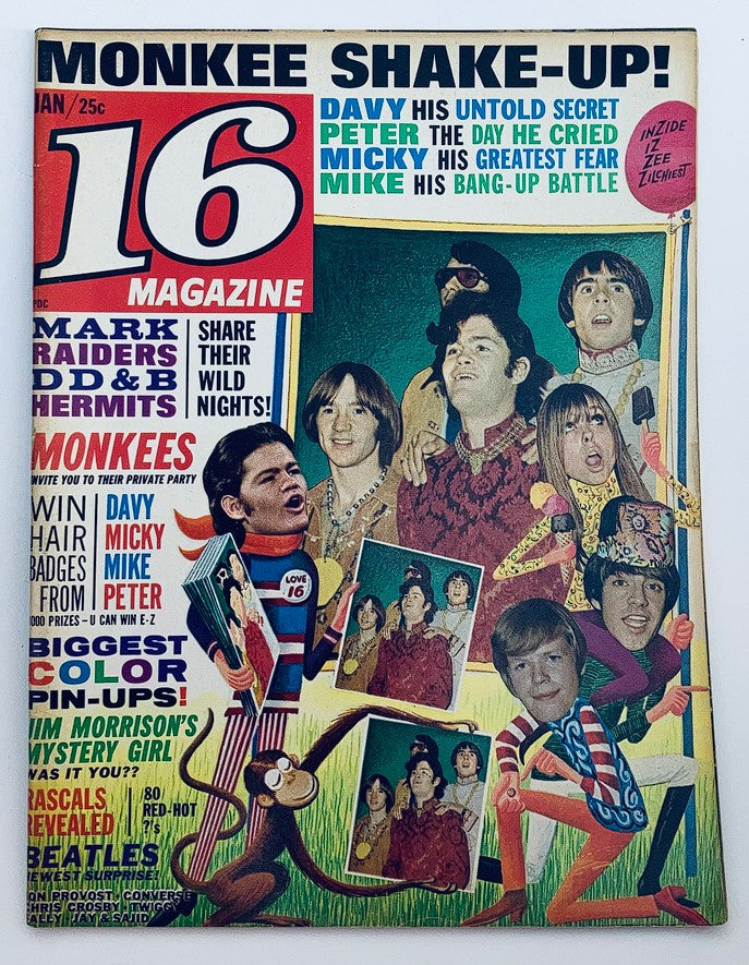 Cover of VTG 16 Magazine from January 1968 featuring The Monkees, including bold text about Davy Jones and Peter Tork, vibrant colors, and images of the band members.