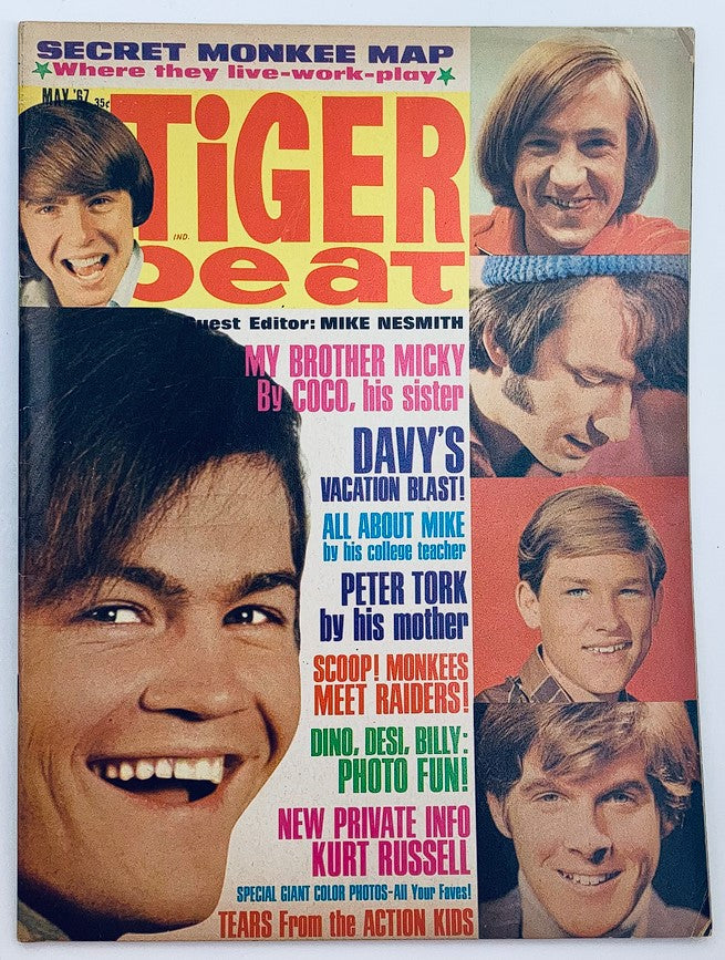 VTG Tiger Beat Magazine May 1967 featuring Davy Jones, Peter Tork, and Kurt Russell on the cover, showcasing vibrant colors and iconic teen culture from the 1960s.