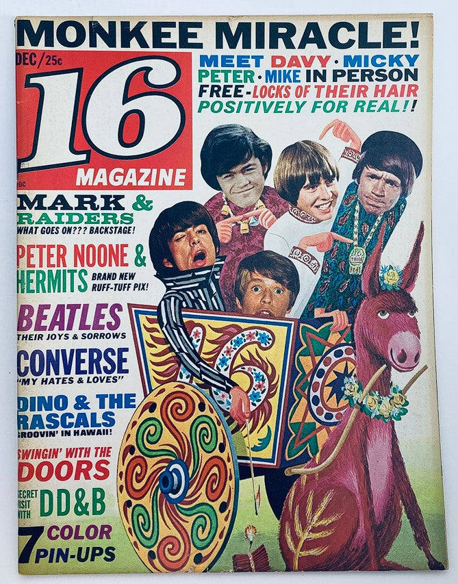 VTG 16 Magazine December 1967 cover featuring Mark & The Raiders, The Beatles, and Davy Jones, with colorful graphics and promotional text highlighting popular pop culture icons of the era.