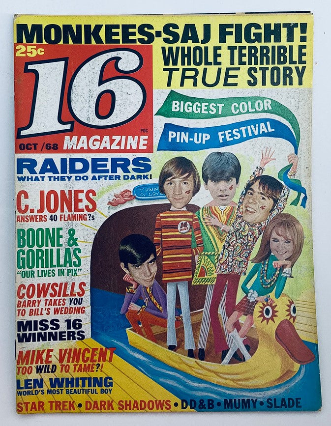 VTG 16 Magazine October 1968 cover featuring Mike Vincent, Boone and Gorillas, and colorful 1960s artwork. Includes engaging articles, pin-up festival, and nostalgic content. Perfect for vintage magazine collectors.
