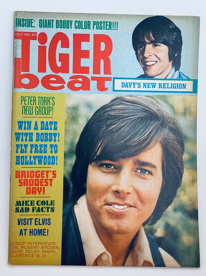 VTG Tiger Beat Magazine July 1969 featuring Bobby Sherman on the cover, highlighting Davy Jones with articles and nostalgic pop culture content.
