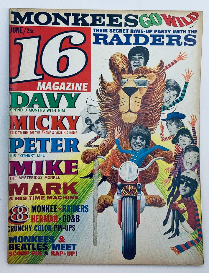 Vintage 16 Magazine cover from June 1967 featuring Davy Jones of the Monkees, along with Micky, Peter, Mike, and Mark, colorful illustrations, and promotional highlights for The Raiders and The Beatles.