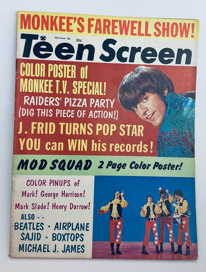 Cover of VTG Teen Screen Magazine May 1969 featuring The Monkees, Sajid Khan, and colorful promotions for featured articles and pin-ups.