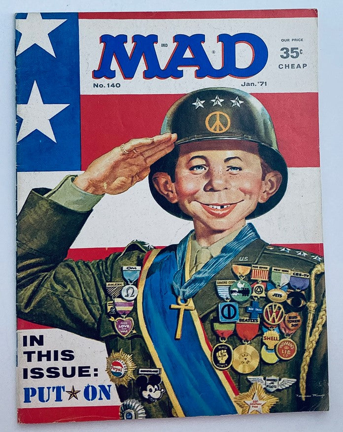 Cover of Mad Magazine January 1971 No. 140 featuring the illustration "Put On General Alfred." The cover depicts a smiling character in military attire, adorned with various medals, saluting against a red and blue background.