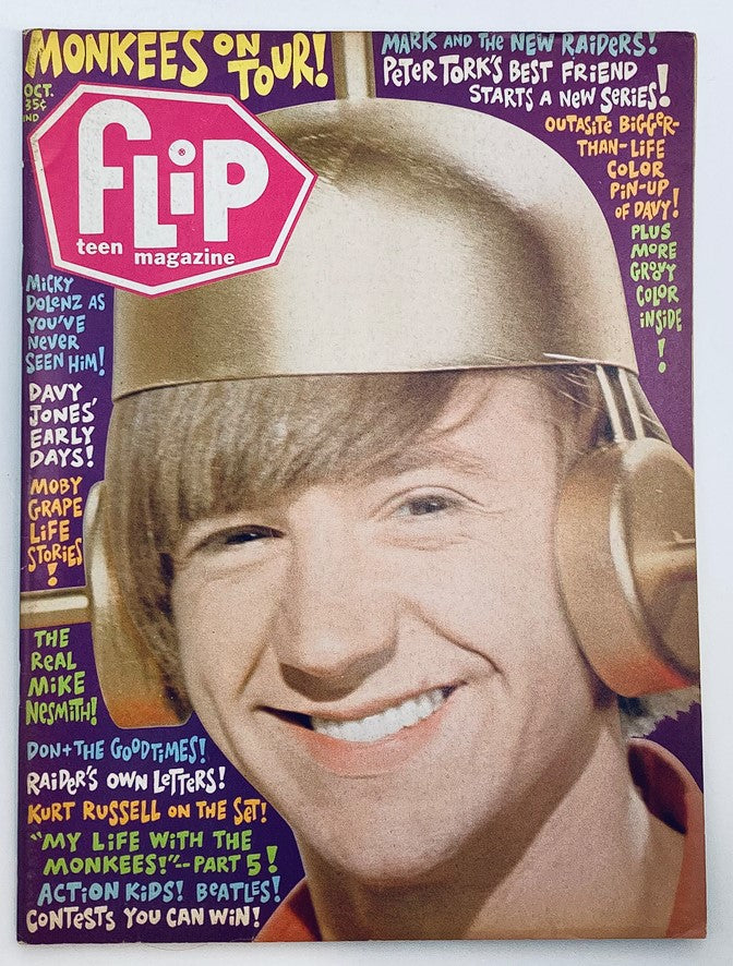 Cover of VTG Flip Teen Magazine from October 1967 featuring a smiling young man in headphones, related to The Monkees.