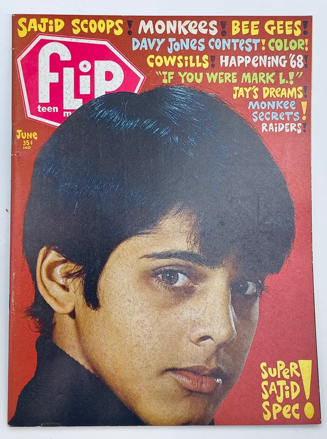 Cover of VTG Flip Teen Magazine June 1968 featuring Sajid Khan, The Monkees, and Bee Gees. The vibrant magazine cover showcases colorful graphics and highlights including 'Super Sajid Spec!' and 'Davy Jones Contest', capturing the spirit of 1960s pop culture.