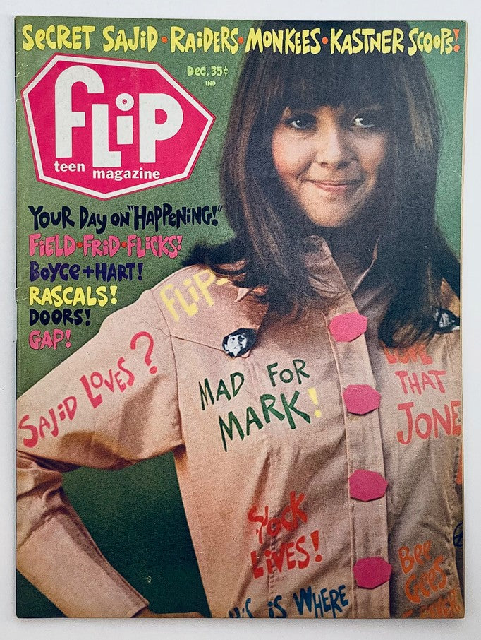 Cover of VTG Flip Teen Magazine from December 1968 featuring colorful graphics and headlines, including 'Secret Sajid', 'Raiders', and 'Monkees', showcasing a young girl with a stylish outfit.