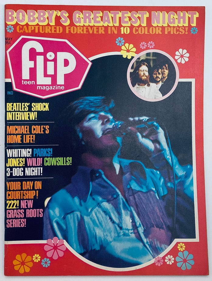 Cover of VTG Flip Teen Magazine from May 1970 featuring Bobby Sherman and The Beatles, showcasing vibrant design and photography celebrating 70s music culture.