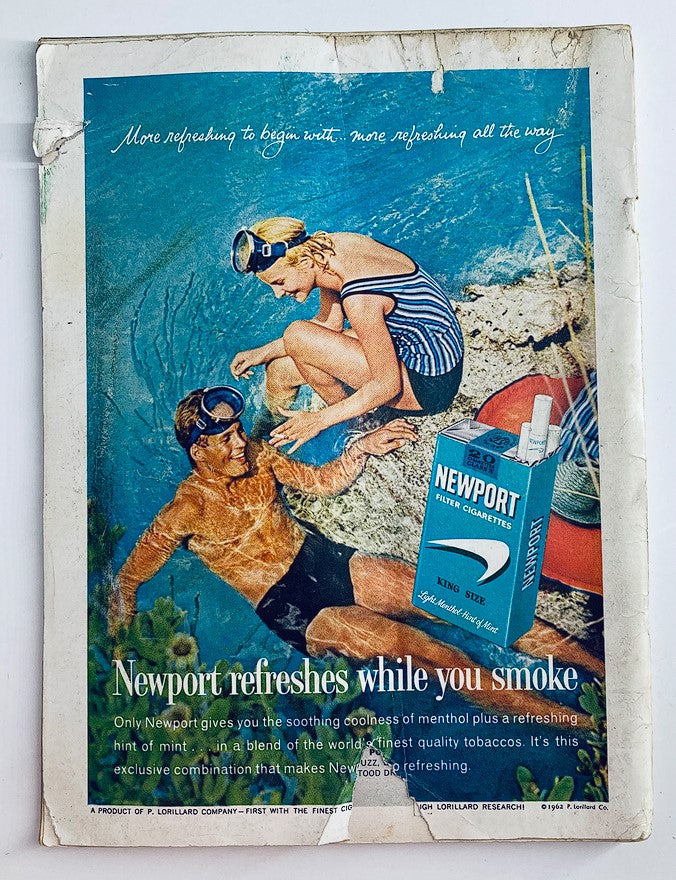 VTG Playboy Magazine February 1962 featuring Cynthia Maddox, showcasing a vintage cover with unique illustrations and nostalgic charm. This issue also includes a classic Newport cigarette advertisement illustrating a man and woman at the beach.