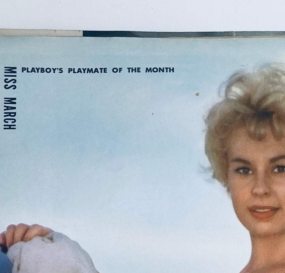 VTG Playboy Magazine March 1959 centerfold image with the title 'Playboy's Playmate of the Month' showcasing the beauty of the featured model, enhancing the vintage and nostalgic appeal of the magazine.