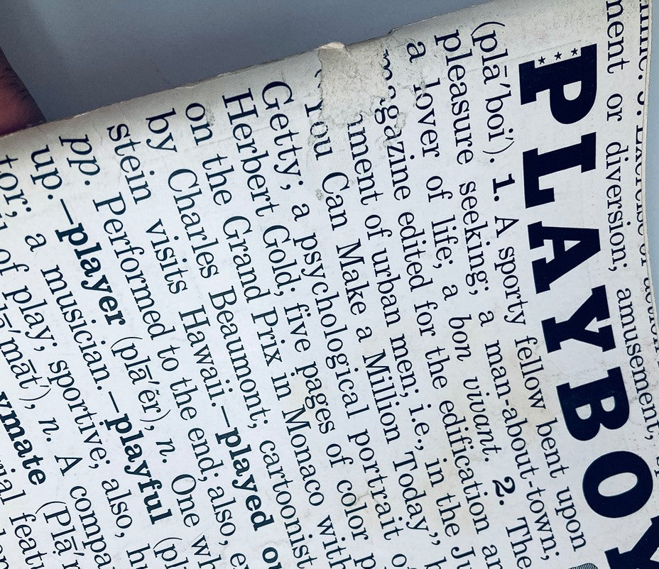 Close-up of the cover page of VTG Playboy Magazine June 1961 showcasing the definition of 'Playboy' with vintage typography and imagery.