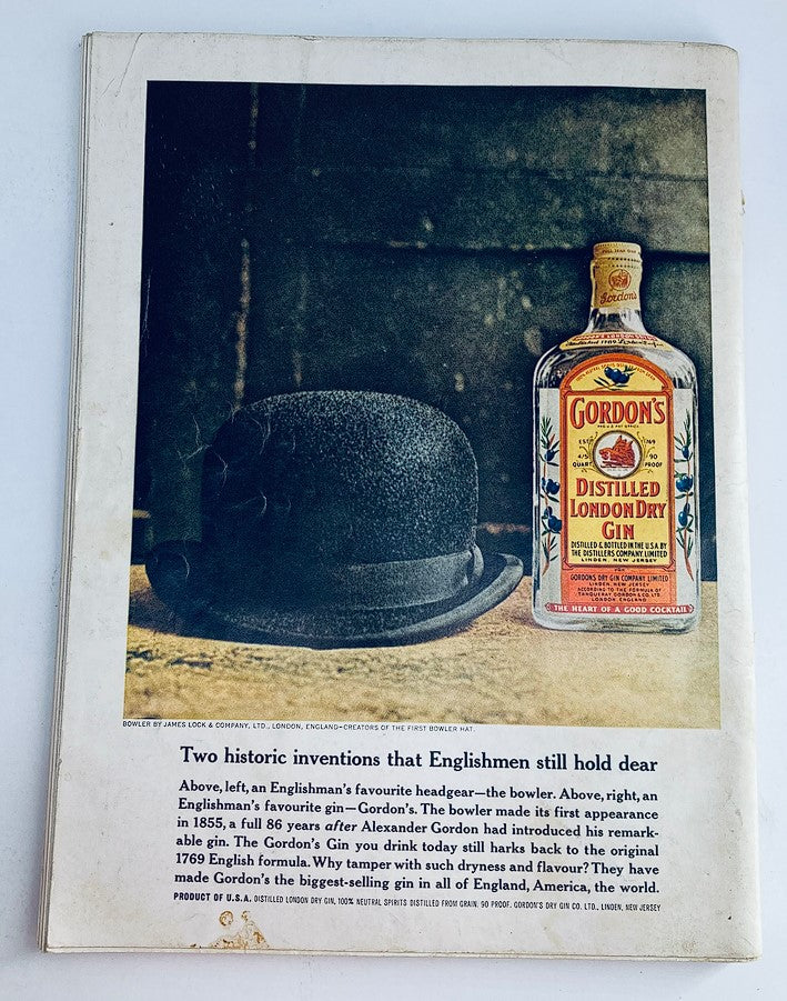 VTG Playboy Magazine May 1963 back cover displaying a vintage advertisement for Gordon's Distilled London Dry Gin with a classic bowler hat.
