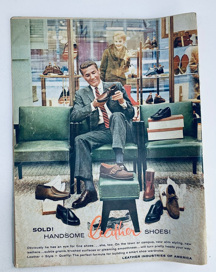 Vintage advertisement image featuring a man in a suit examining shoes, accompanied by a woman in a store. Part of the VTG Playboy Magazine March 1959 Audrey Daston Cover w Centerfold collection.