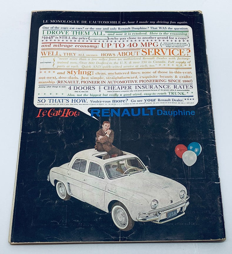 Back cover of the vintage Playboy Magazine May 1960, showcasing a colorful advertisement for the Renault Dauphine with playful imagery.