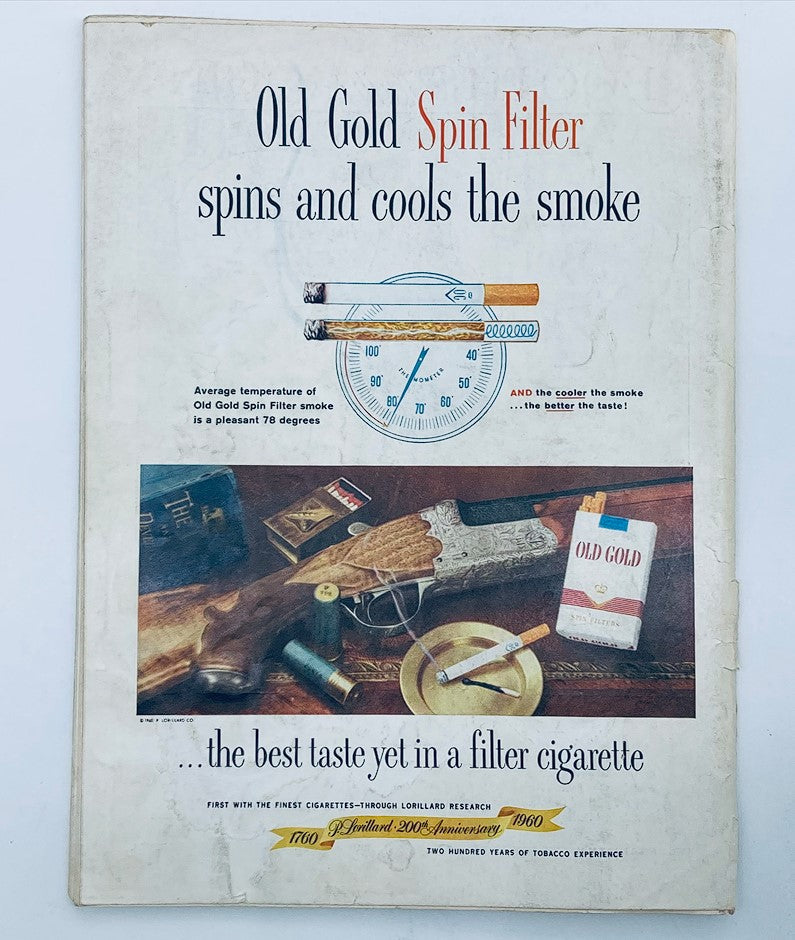 Vintage advertisement within the June 1960 Playboy Magazine for Old Gold Spin Filter cigarettes, featuring an elegant setup of smoking accessories.
