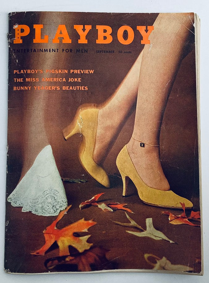 VTG Playboy Magazine September 1959 Cover featuring the iconic image of women's legs in yellow heels surrounded by autumn leaves.
