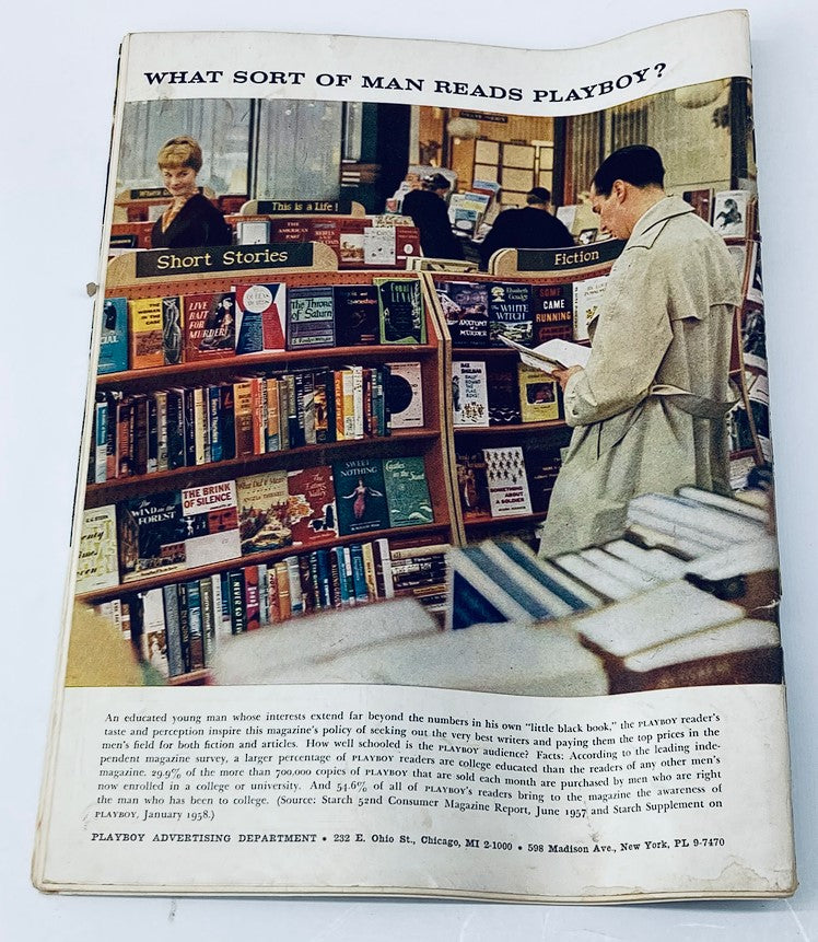 Back cover of VTG Playboy Magazine June 1958 displaying a bookstore scene with the title 'What sort of man reads Playboy?'.