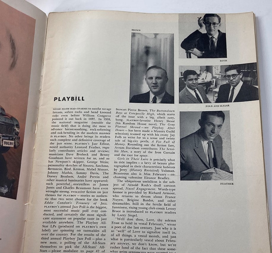 Interior page of VTG Playboy Magazine February 1959, detailing the Playbill section with text and images of featured contributors and a nostalgic look at cultural history.