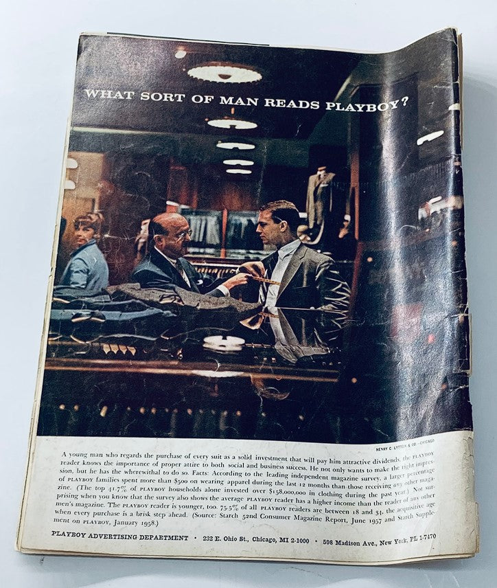 Back cover of VTG Playboy Magazine May 1958, featuring an advertisement with a question about the type of man who reads Playboy, highlighting the magazine's cultural significance.