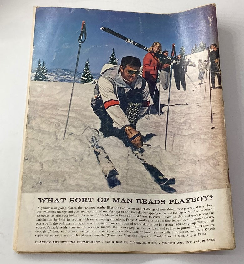 Back cover of the VTG Playboy Magazine February 1959 featuring a skiing scene, illustrating the adventurous spirit of the era.