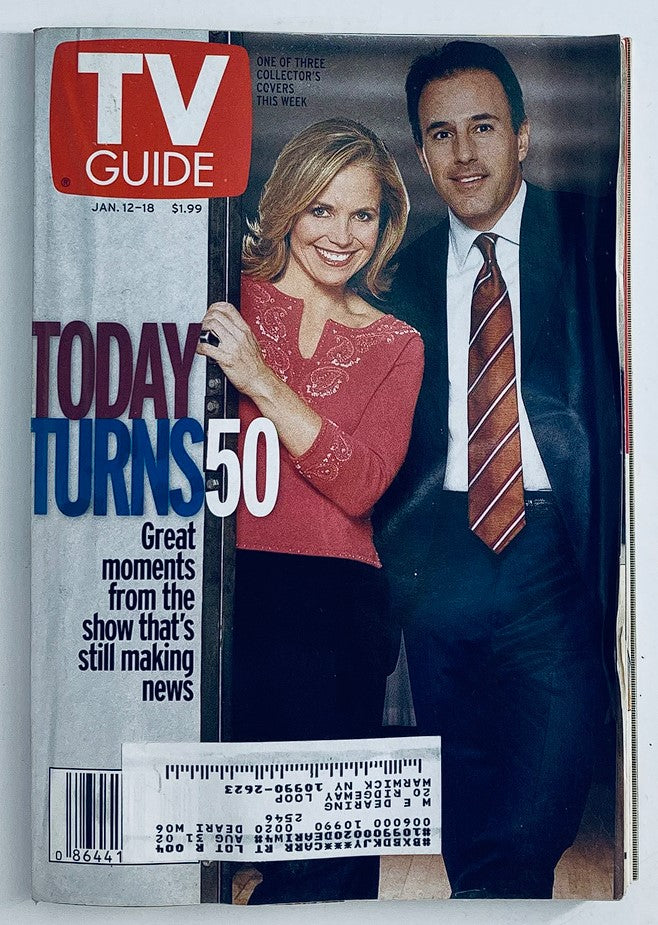 TV Guide Magazine cover from January 12, 2002, featuring Katie Couric and Matt Lauer, celebrating the 50th anniversary of 'Today' with highlights from great moments of the show.