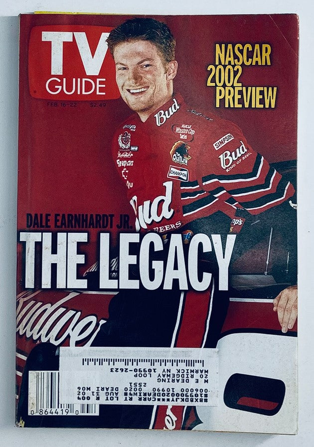 Cover of TV Guide Magazine February 16, 2002 featuring Dale Earnhardt Jr. celebrating his legacy in NASCAR, includes notable branding and preview for NASCAR 2002.