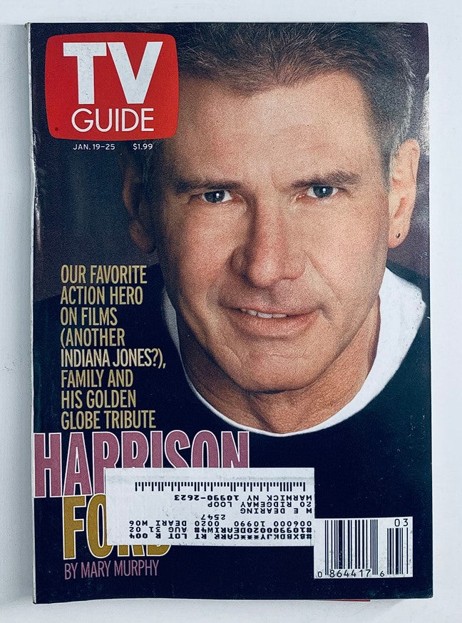Cover of TV Guide Magazine from January 19, 2002 featuring Harrison Ford, with a photography by Mary Murphy, showcasing the iconic actor as part of television and pop culture history.