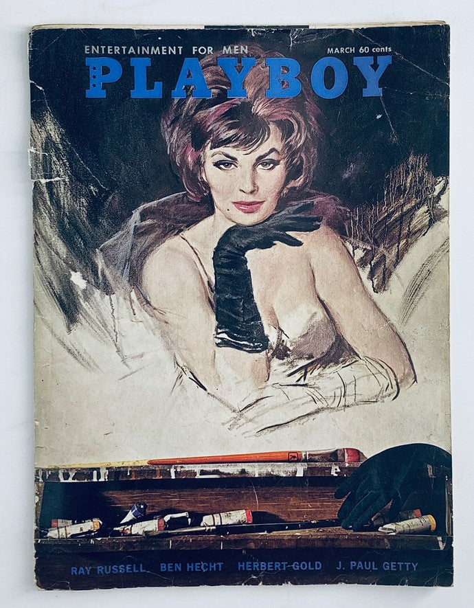 Cover of VTG Playboy Magazine March 1962 featuring the bold headline 'PLAYBOY', with a beautiful illustration of a woman in gloves, representing the cultural themes of the early 1960s. Collectible vintage magazine from Original Magazines.