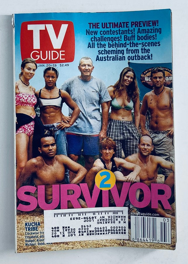 TV Guide Magazine from January 20, 2001, featuring a cover image of the cast of Survivor Season 2 with text highlighting exclusive previews and behind-the-scenes insights from the Australian outback.