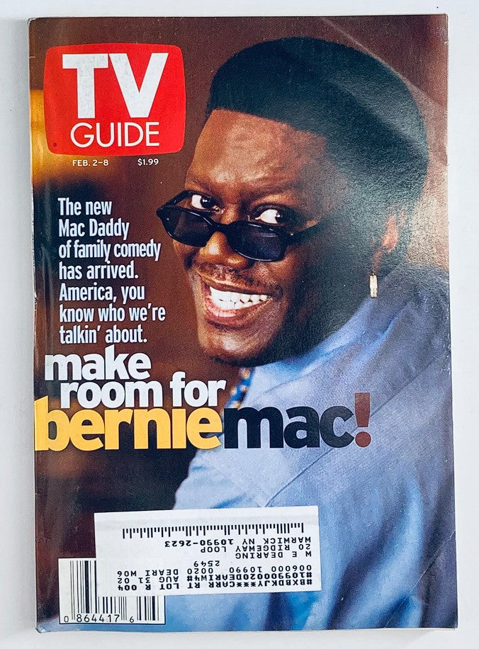 Cover of TV Guide Magazine February 2, 2002 featuring Bernie Mac with the tagline 'Make Room for Bernie Mac'. The magazine showcases the humor and culture of early 2000s television.