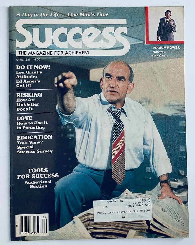 Cover of the VTG Success Magazine April 1981 featuring the title 'Success: The Magazine for Achievers'. The cover highlights the 'Tools for Success' Audiovisual Section, showcasing a man gesturing expressively in a business environment, surrounded by paperwork.