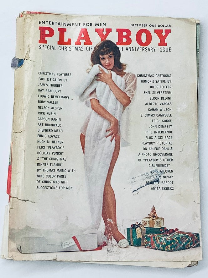 Cover of VTG Playboy Magazine December 1962 featuring Sheralee Conners in white attire, showcasing a special Christmas theme and a vintage style.