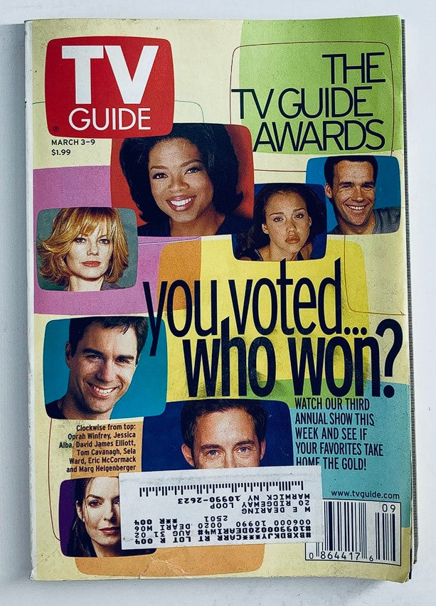 TV Guide Magazine March 3 2001 cover featuring Jessica Alba and Oprah Winfrey, showcasing the TV Guide Awards theme, with colorful photo collage of celebrities and the question 'you voted... who won?' highlighting popular personalities and entertainment culture of the early 2000s.