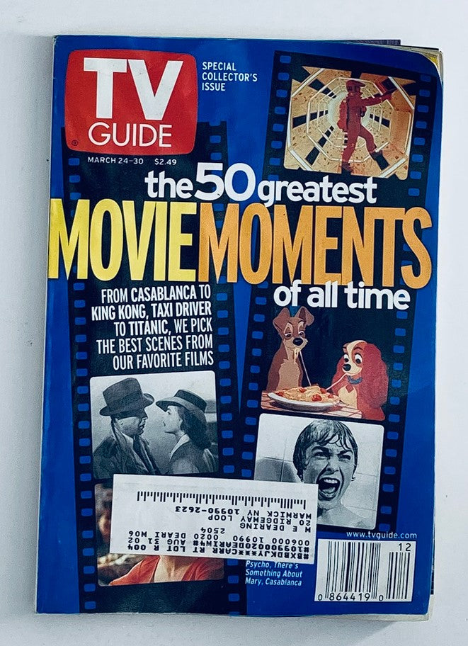 TV Guide Magazine March 24 2001 featuring the iconic cover with Ingrid Bergman and Humphrey Bogart, highlighting the 50 greatest movie moments of all time.