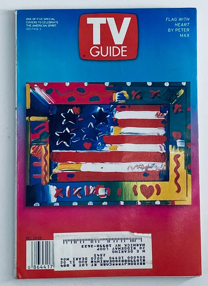 Back cover of TV Guide Magazine December 22 2001 Celebrate The American Spirit NY Metro Edition, featuring vibrant artwork of an American flag with artistic elements.