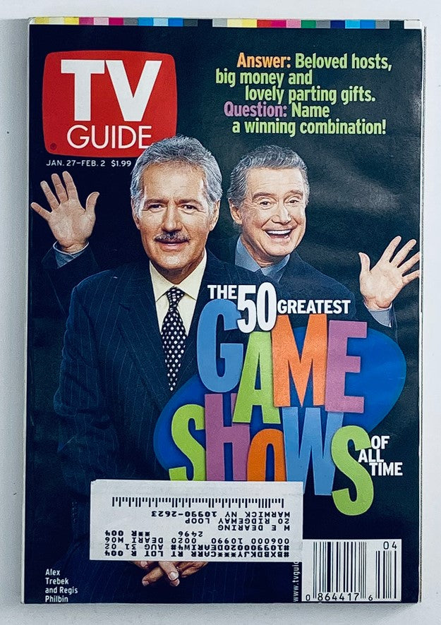 TV Guide Magazine January 27 2001 cover featuring Regis Philbin and Alex Trebek, highlighting the theme 'The 50 Greatest Game Shows of All Time'.