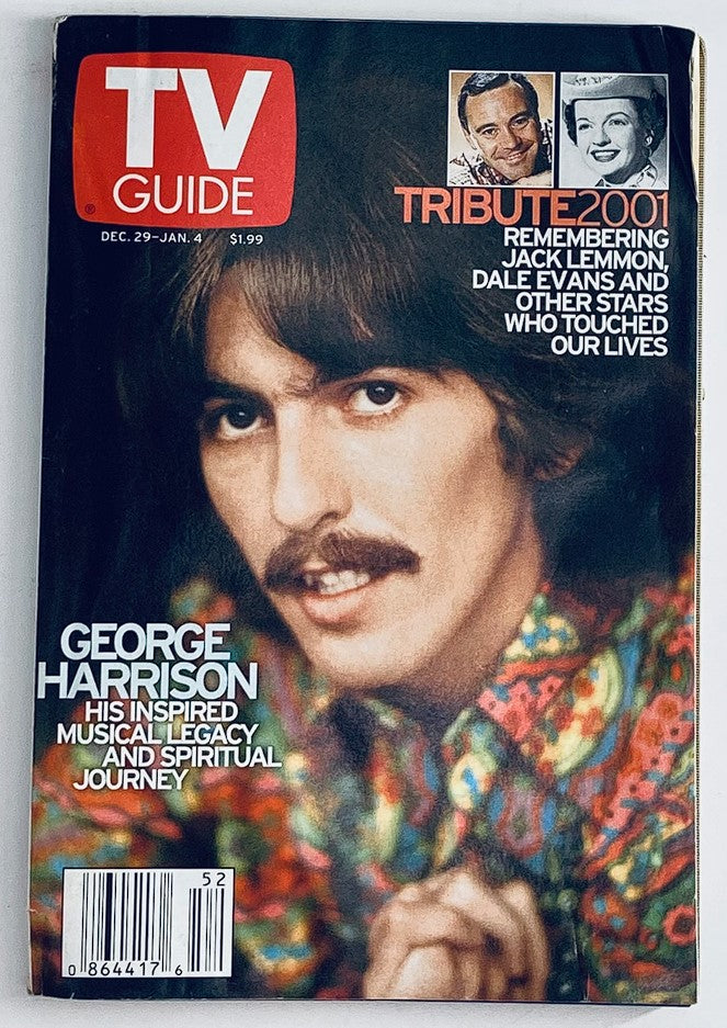 Cover of TV Guide Magazine December 29, 2001 featuring George Harrison, highlighting his musical legacy and spiritual journey, with text 'TRIBUTE 2001'