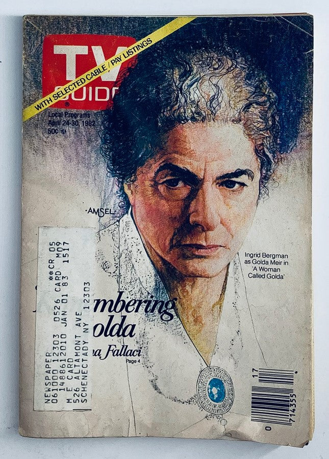 TV Guide Magazine from April 24, 1982, featuring Ingrid Bergman as Golda Meir on the cover, showcasing vintage television culture and collectible magazine history.