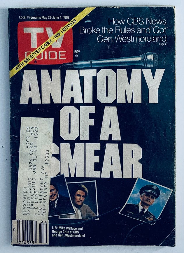 Cover of TV Guide Magazine May 29, 1982 featuring insightful articles by Mike Wallace and George Crile on CBS News, with emphasis on 'Anatomy of a Smear' along with images of key figures.