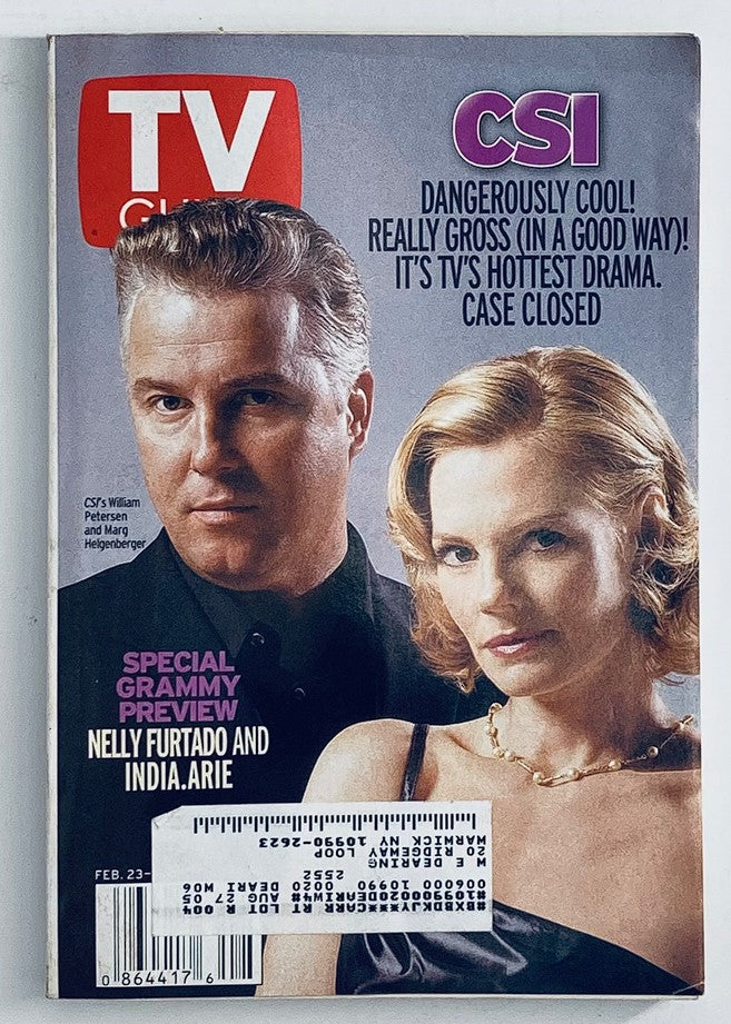 TV Guide Magazine February 23 2002 featuring Marg Helgenberger and Will Petersen on the cover, highlighting the iconic TV drama CSI. The cover reads 'DANGEROUSLY COOL!' with promotional text for Grammy preview.